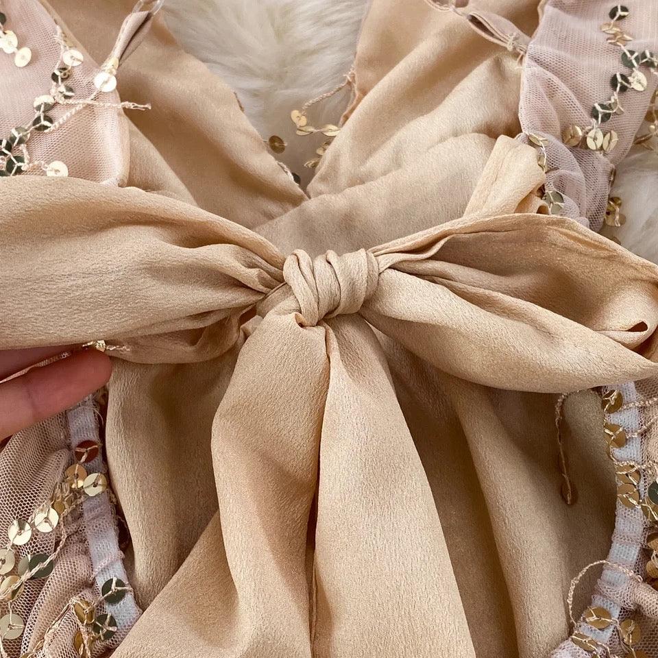 Jarold Mesh Detail Party Dress in Beige - Image 6