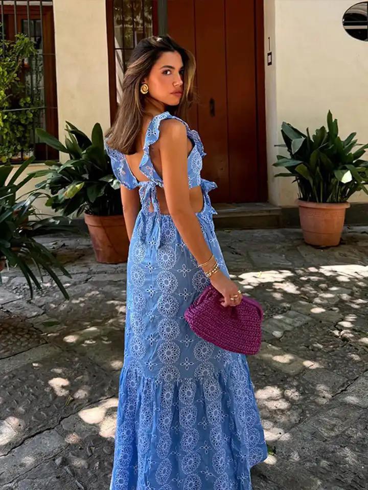 Kamiya Eyelet Cotton Summer Dress In Blue - Image 9