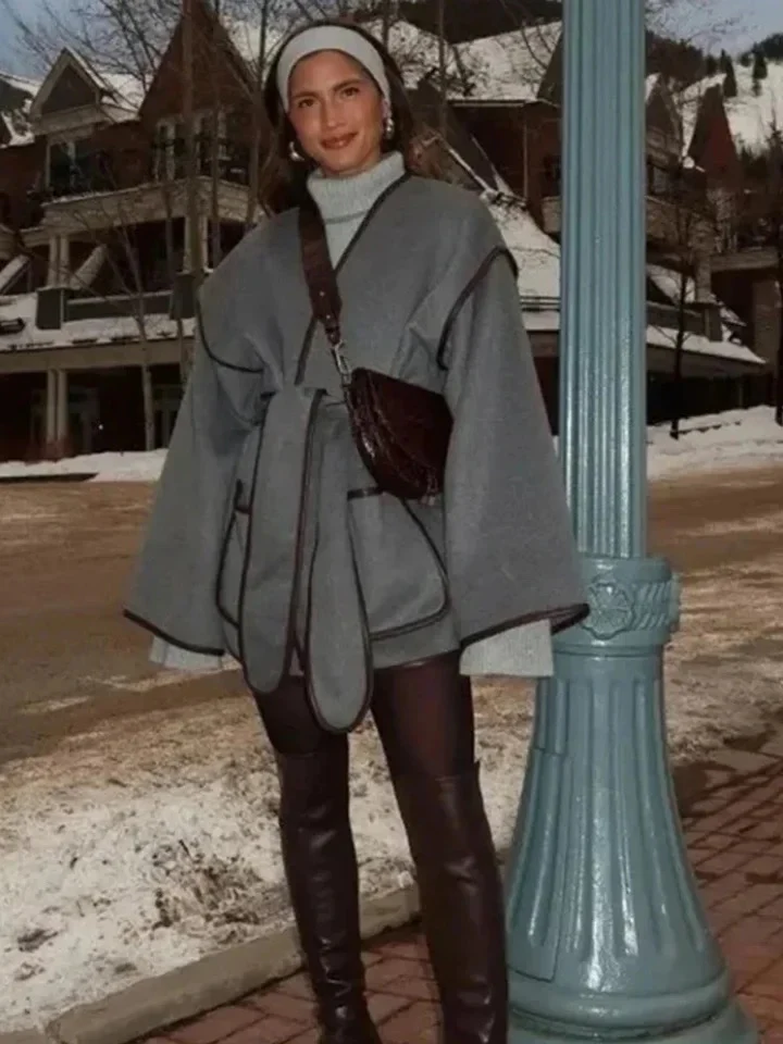 Kara Statement Woolen Overcoat with Belt In Grey - Image 3