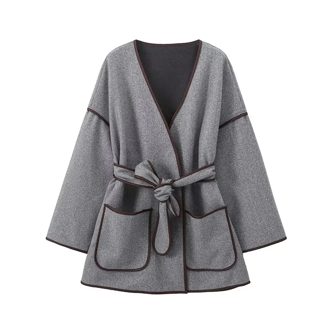 Kara Statement Woolen Overcoat with Belt In Grey - Image 5