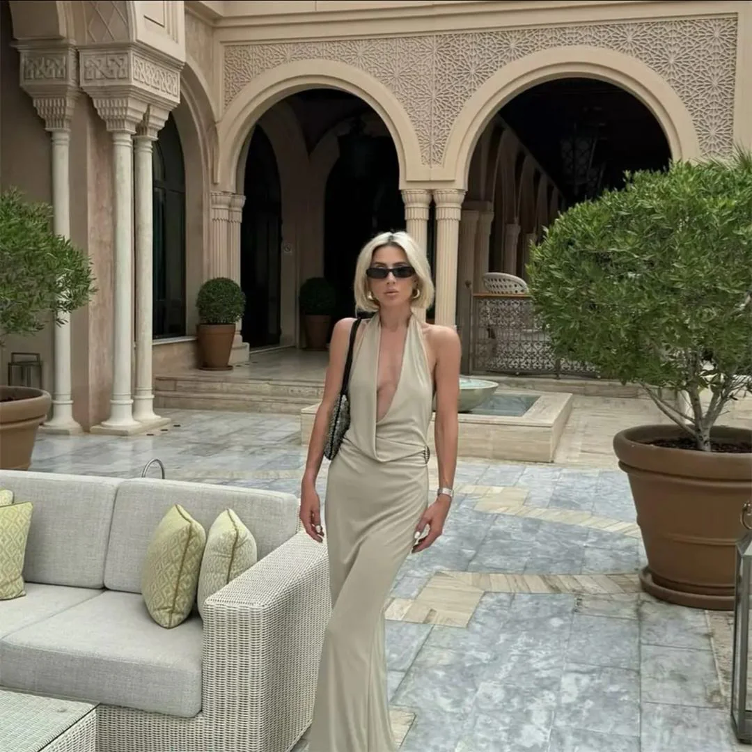 Kia Halterneck Maxi Dress In Beige