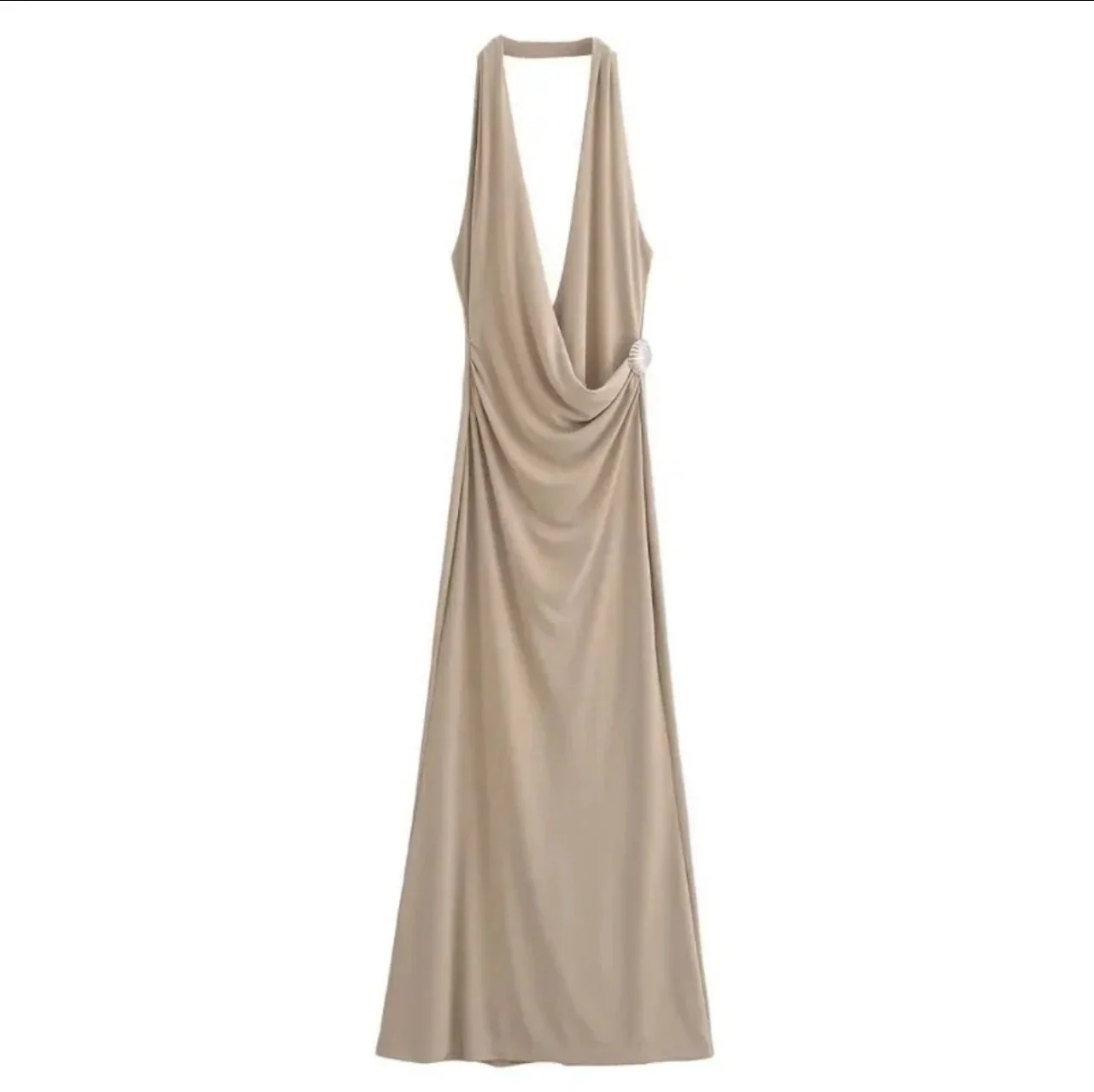 Kia Halterneck Maxi Dress In Beige - Image 3