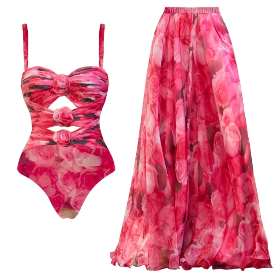 Kiara 3d Floral Swimsuit With Skirt In Pink