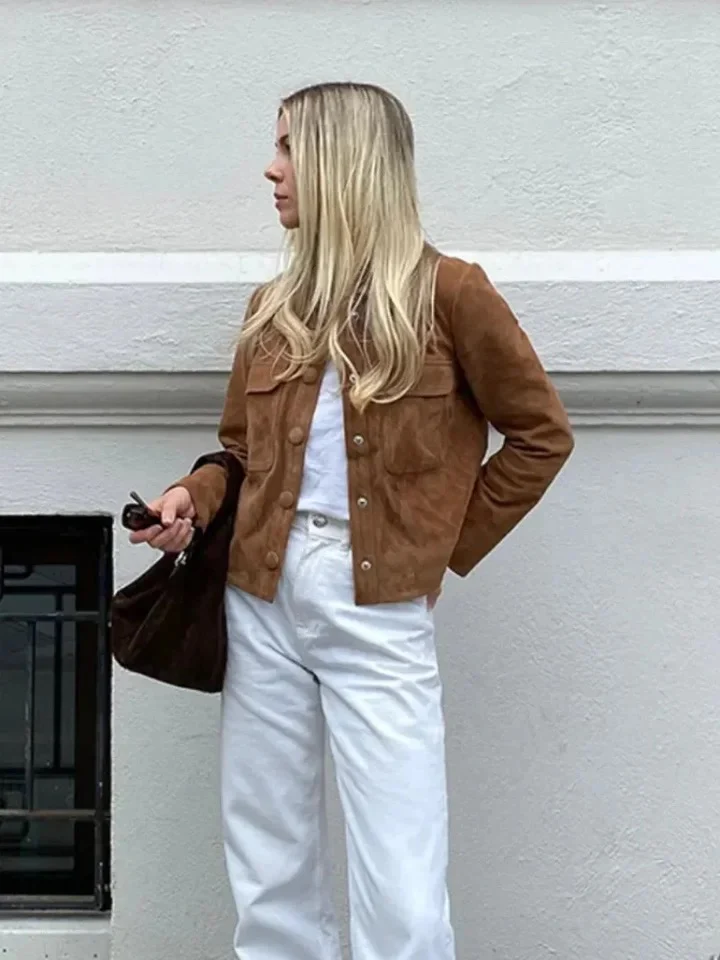 Leah Vintage Suede Short Coat in Brown - Image 3