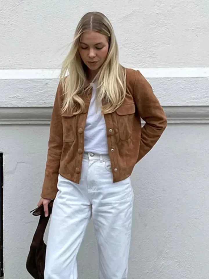Leah Vintage Suede Short Coat in Brown - Image 4