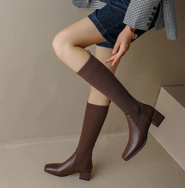 Lia Knee High Trendy Sock Leather Boots