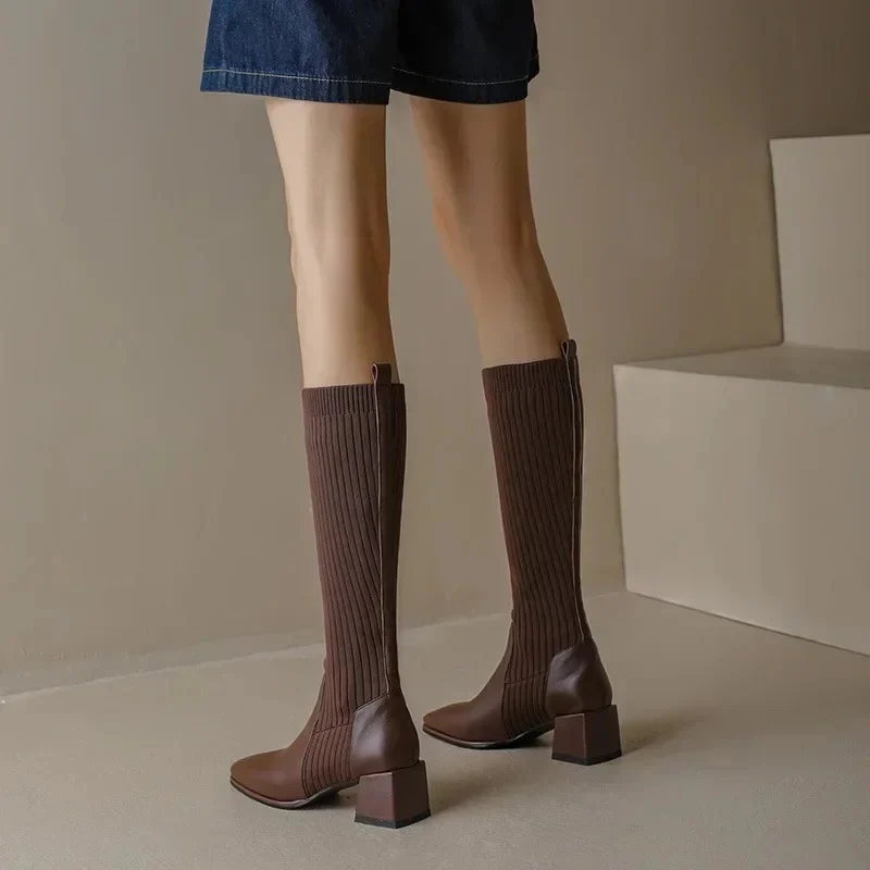 Lia Knee High Trendy Sock Leather Boots - Image 4