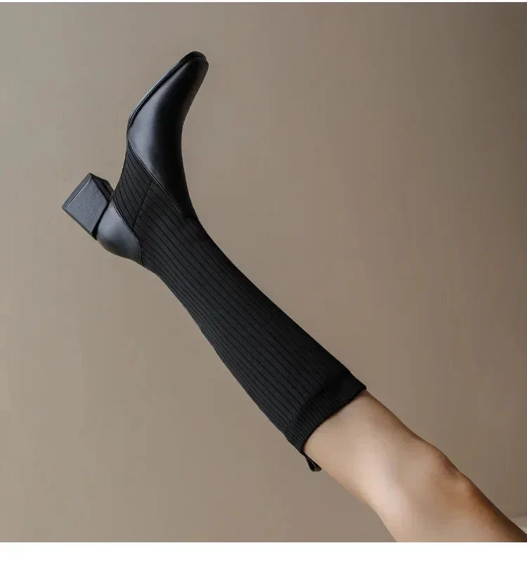 Lia Knee High Trendy Sock Leather Boots - Image 5