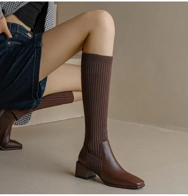 Lia Knee High Trendy Sock Leather Boots - Image 6