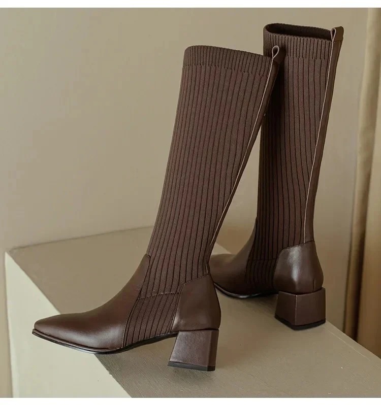 Lia Knee High Trendy Sock Leather Boots - Image 8