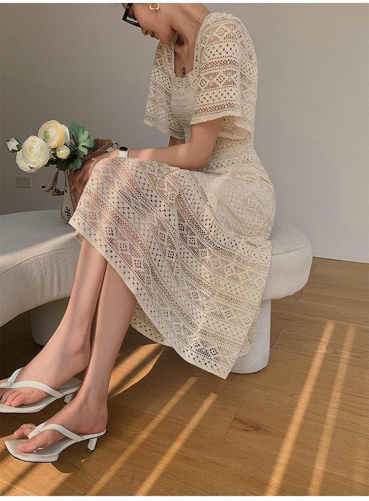 Liliana Crochet Midi Dress In Beige - Image 4