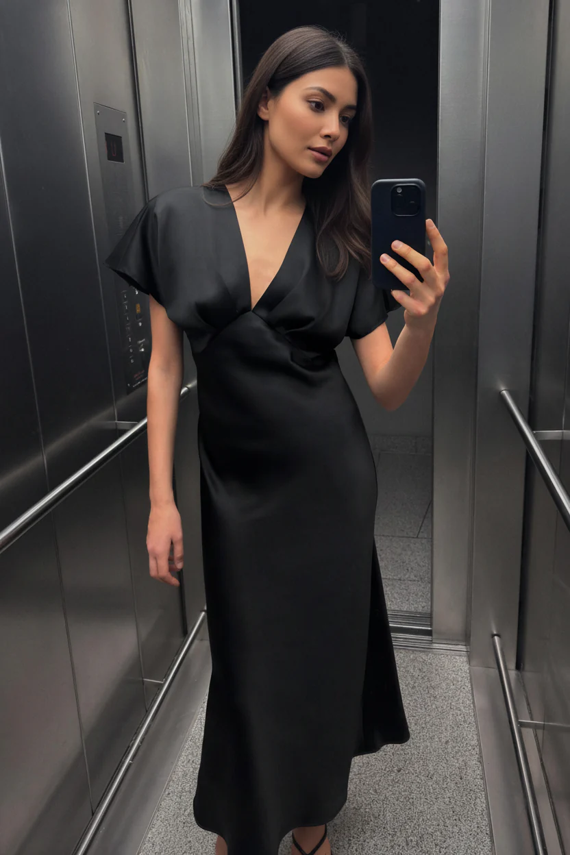 Lipasa Satin Midi Dress In Black