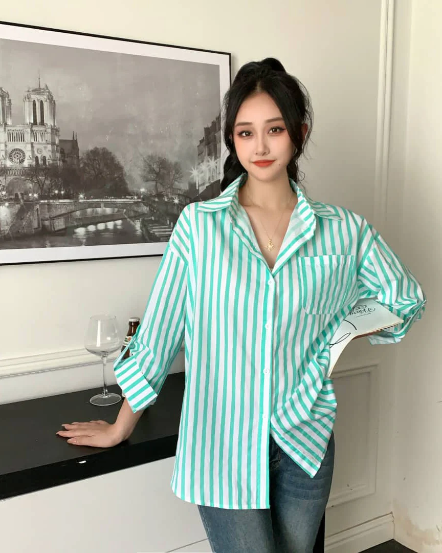 Louise Striped Summer Oversized Shirt In Green