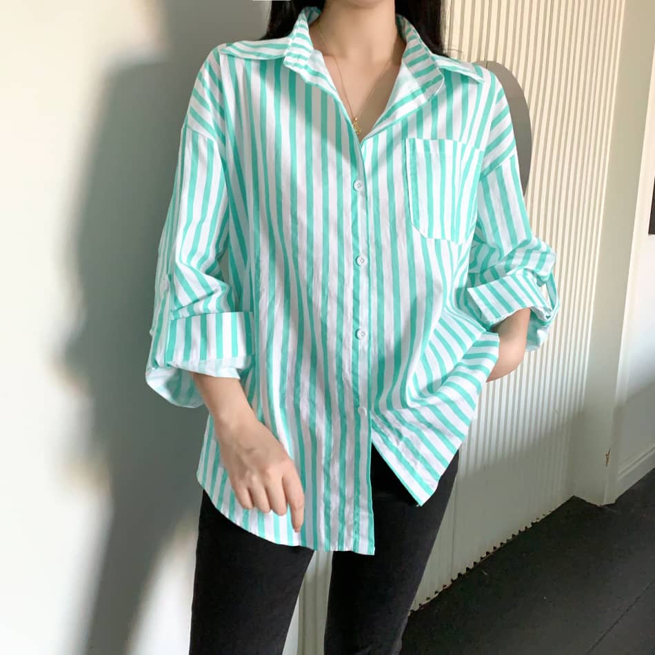 Louise Striped Summer Oversized Shirt In Green - Image 3