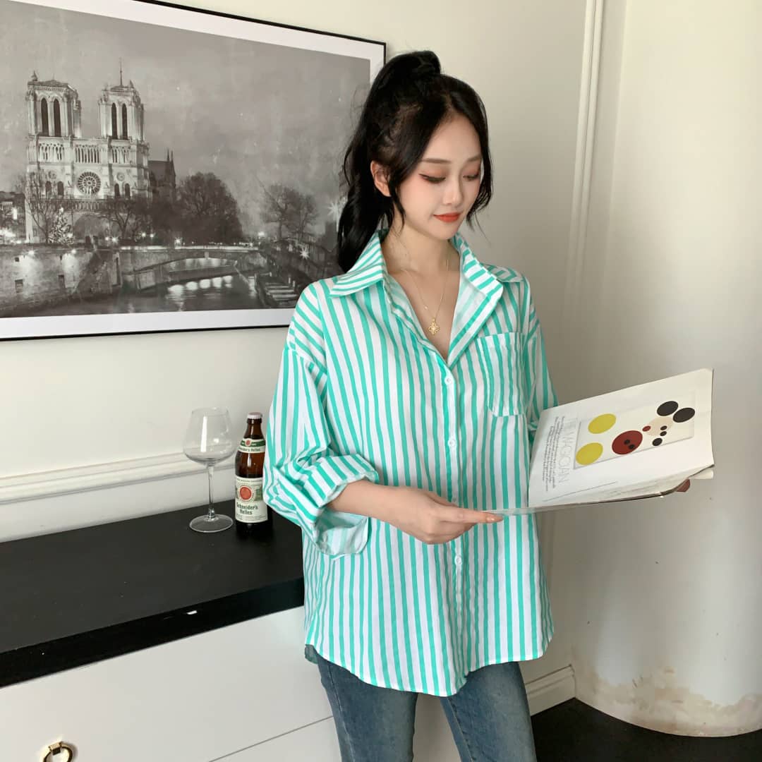 Louise Striped Summer Oversized Shirt In Green - Image 5
