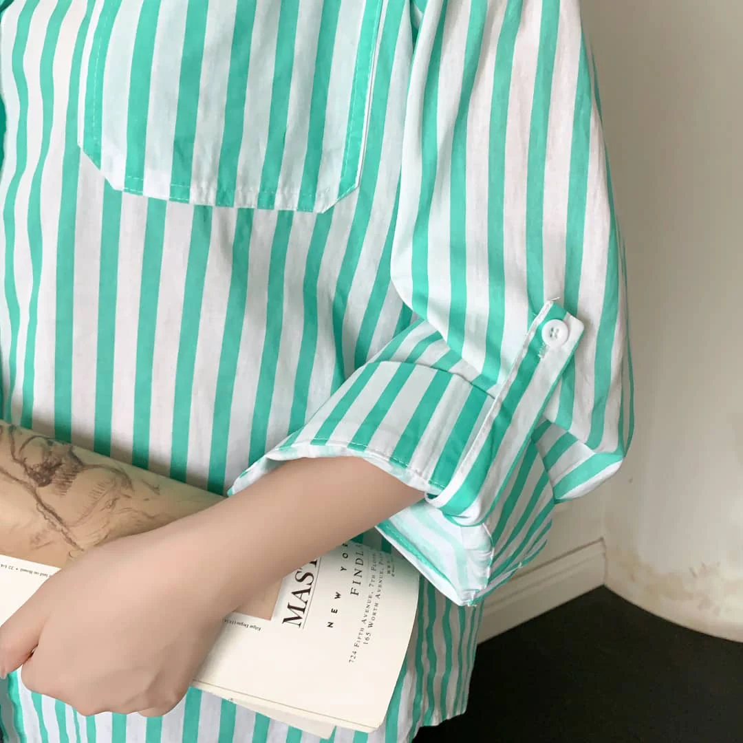 Louise Striped Summer Oversized Shirt In Green - Image 6