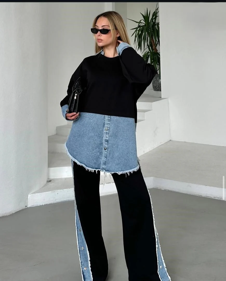 Malia Knitted Soft Denim Co-ord Set In Black - Image 2