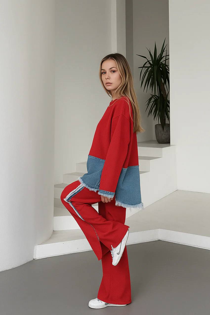 Malia Knitted Soft Denim Co-ord Set In Maroon - Image 2
