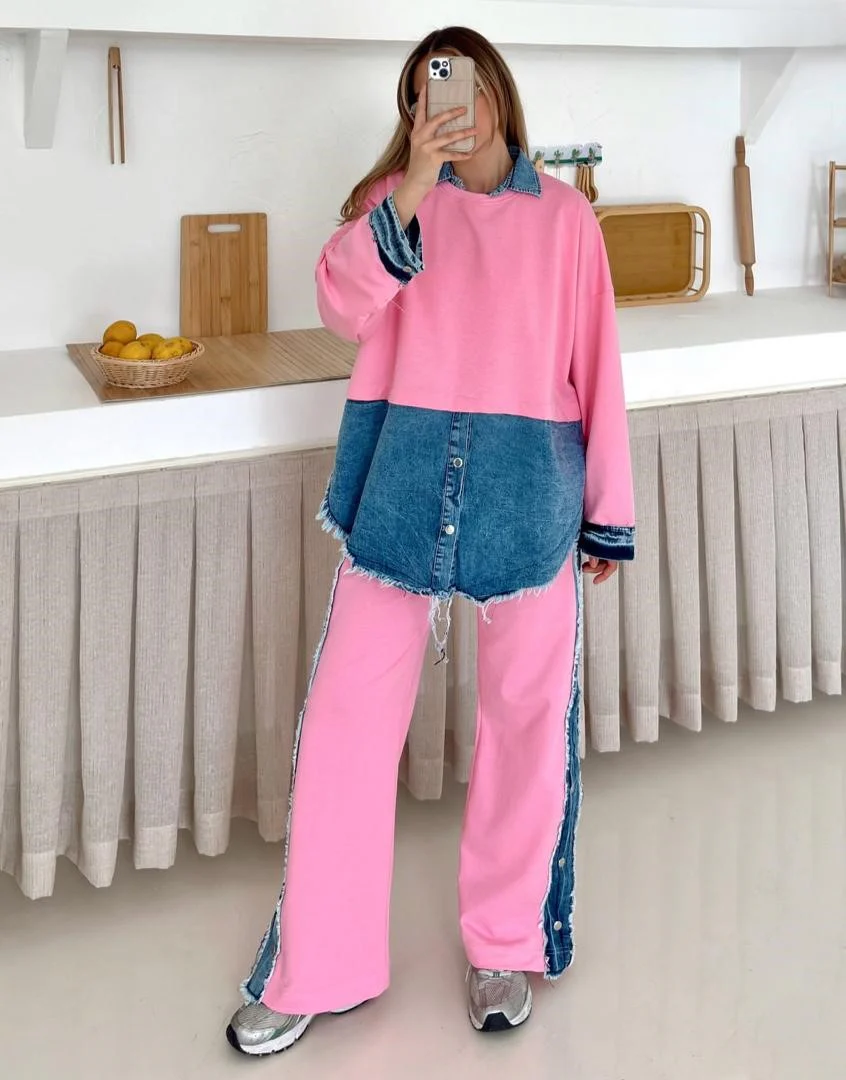 Malia Knitted Soft Denim Co-ord Set In Pink - Image 2