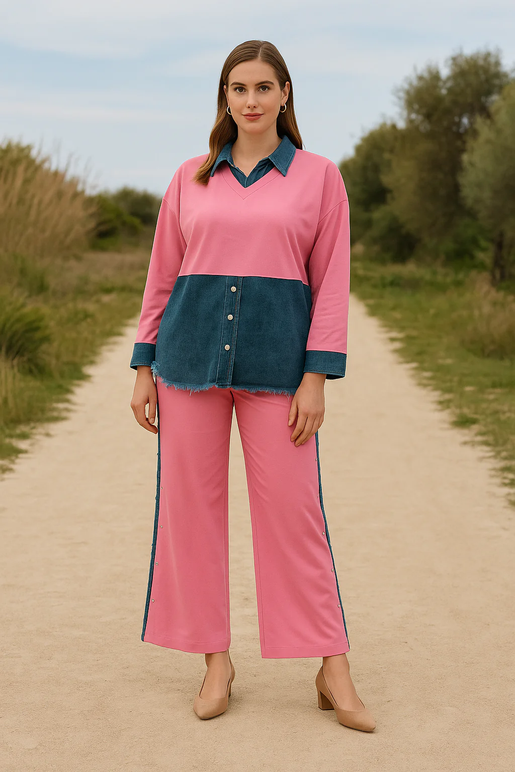 Malia Knitted Soft Denim Co-ord Set In Pink - Image 3