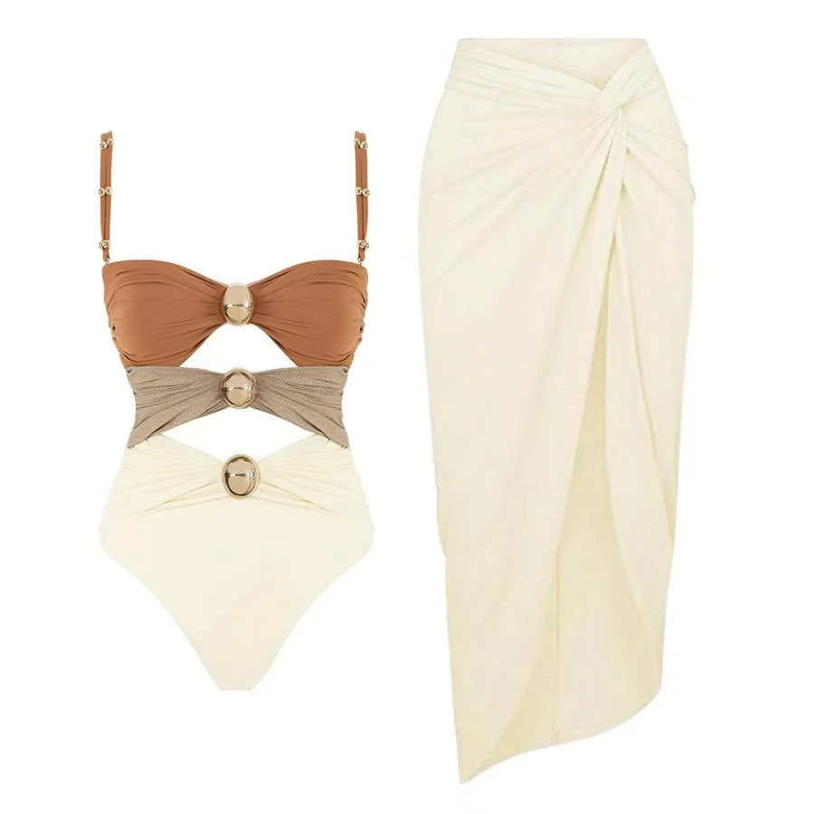 Marie Luxe Swimsuit With Skirt In Beige - Image 2