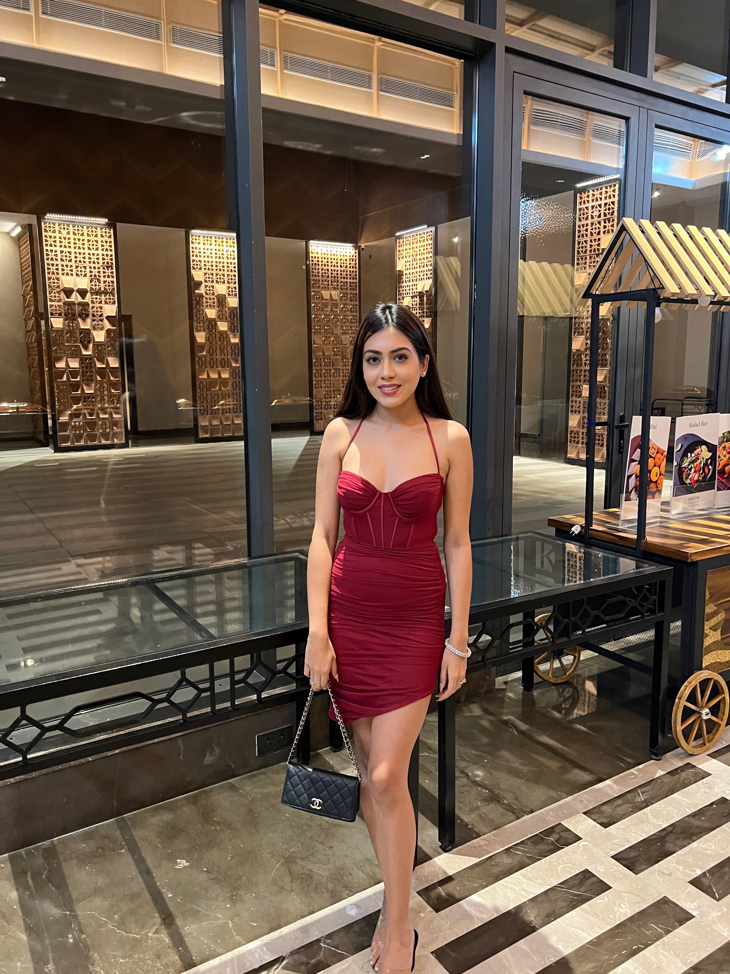 Merwin Corset Bodycon Dress in Maroon - Image 4