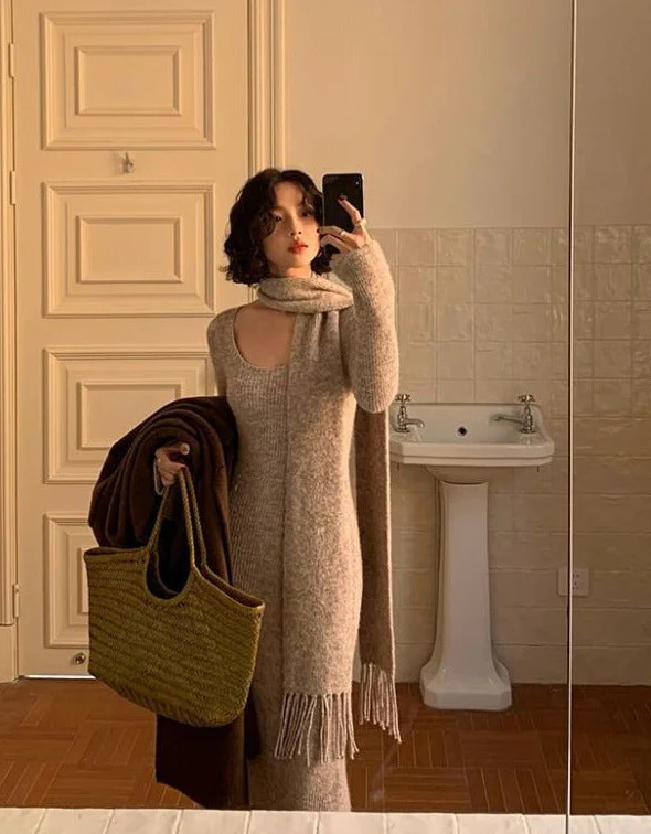 Micola Woolen Dress With Scarf In Beige - Image 2