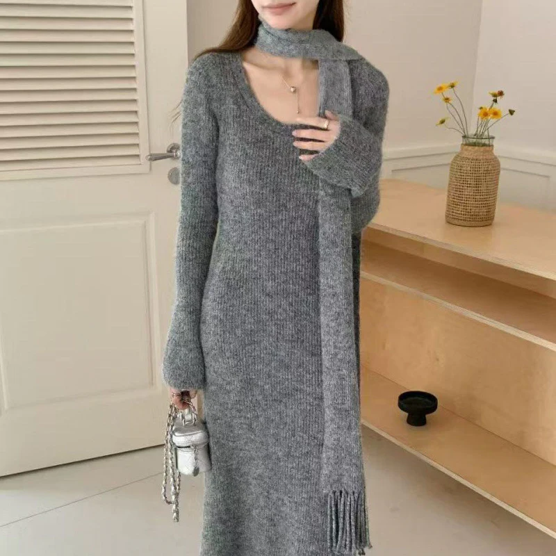 Micola Woolen Dress With Scarf In Grey - Image 2