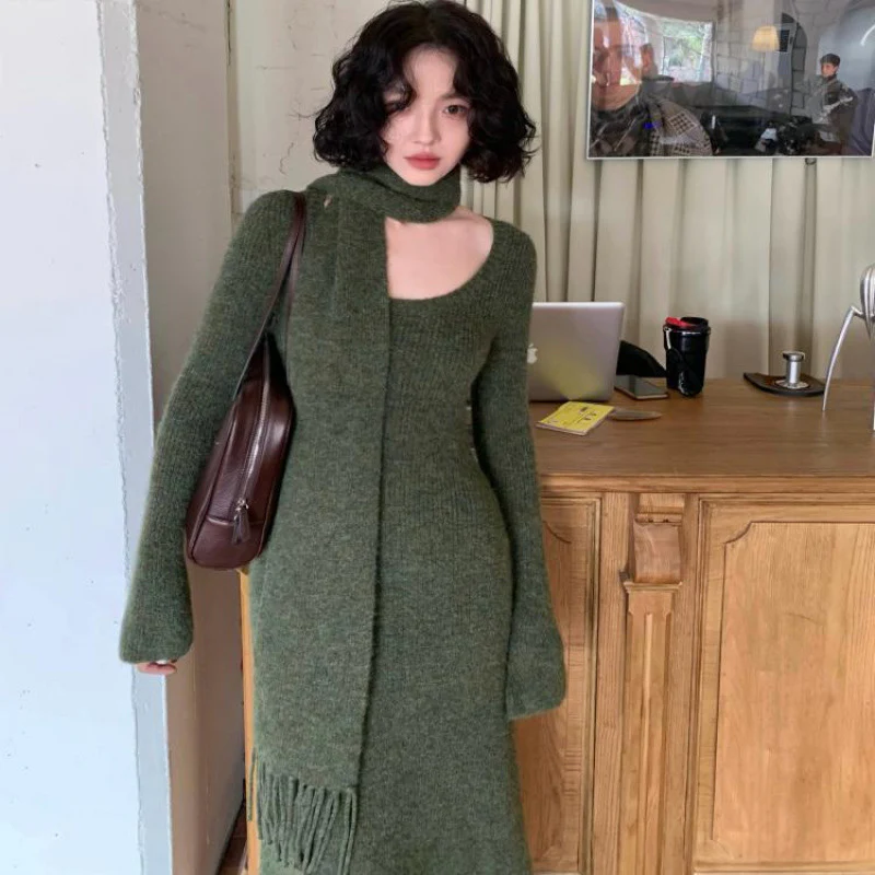 Micola Woolen Dress With Scarf In Olive - Image 11