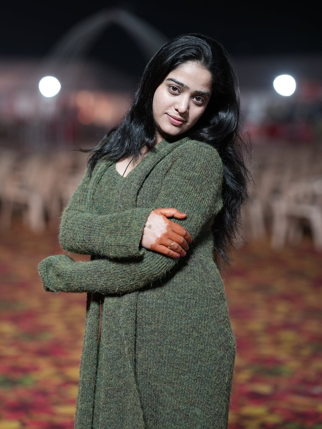 Micola Woolen Dress With Scarf In Olive - Image 14