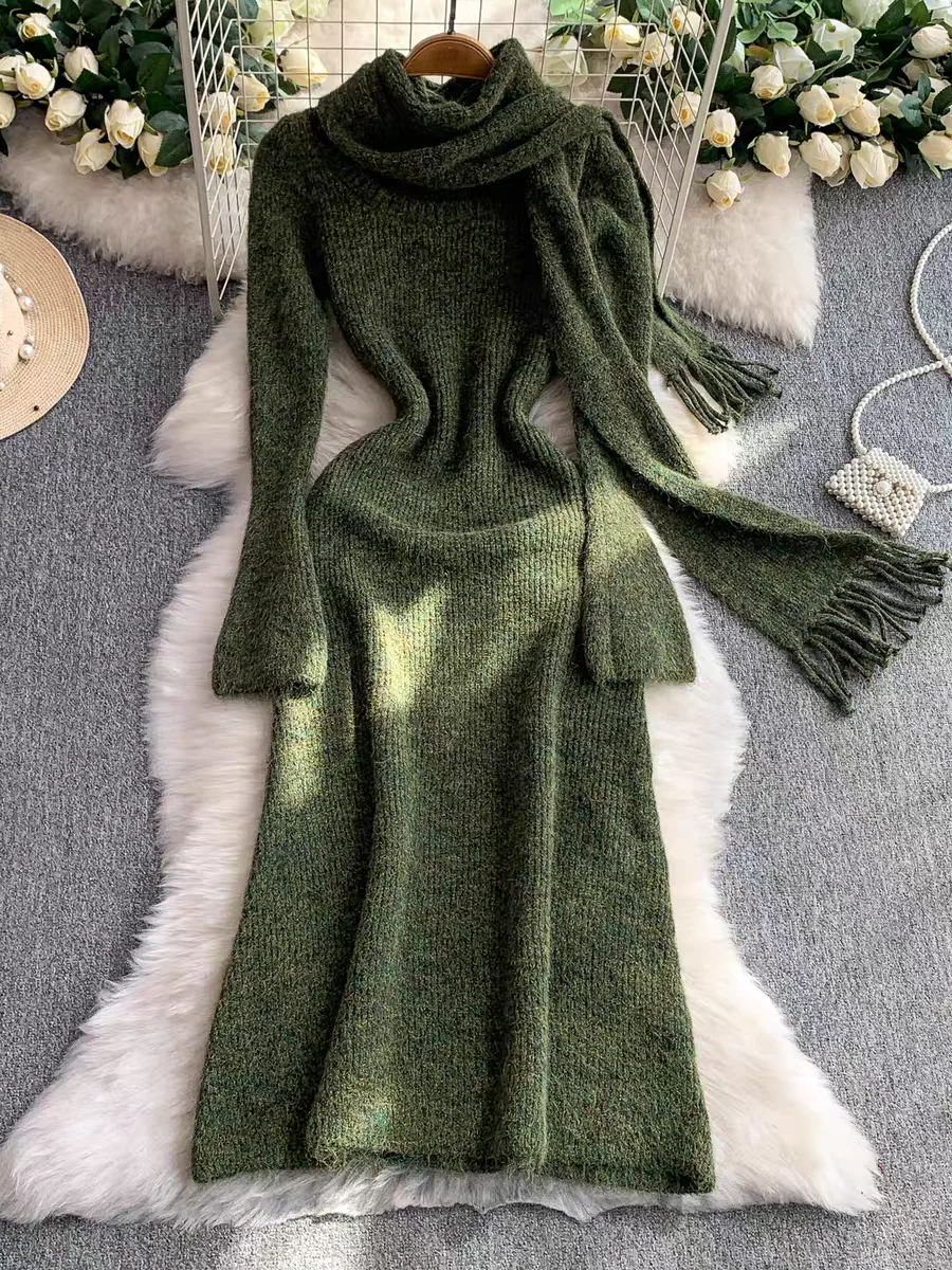 Micola Woolen Dress With Scarf In Olive - Image 3