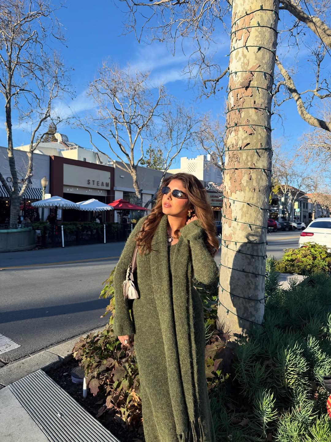 Micola Woolen Dress With Scarf In Olive - Image 4