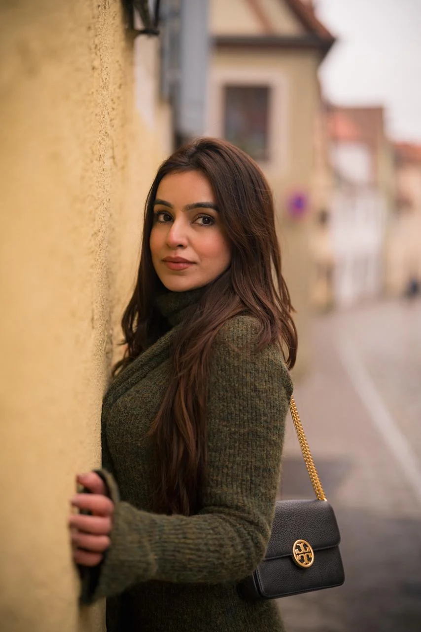 Micola Woolen Dress With Scarf In Olive - Image 6