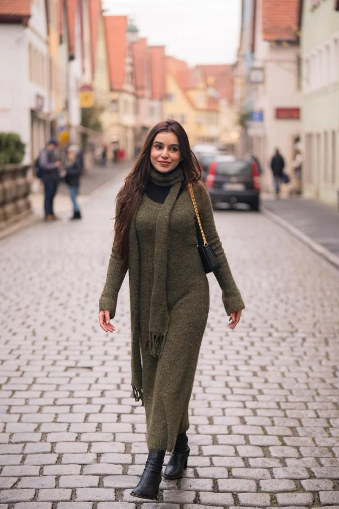 Micola Woolen Dress With Scarf In Olive - Image 9