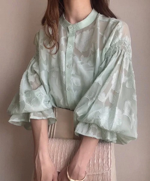 Natala Puffed Sleeve Formal Shirt In Pista Green