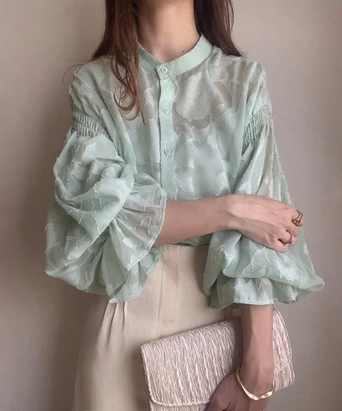 Natala Puffed Sleeve Formal Shirt In Pista Green - Image 2