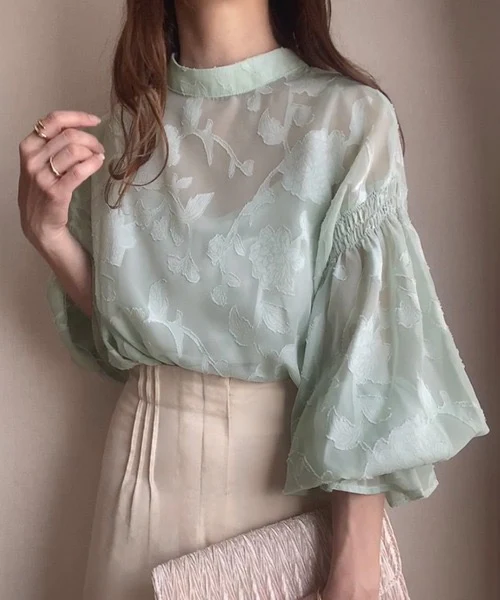 Natala Puffed Sleeve Formal Shirt In Pista Green - Image 5