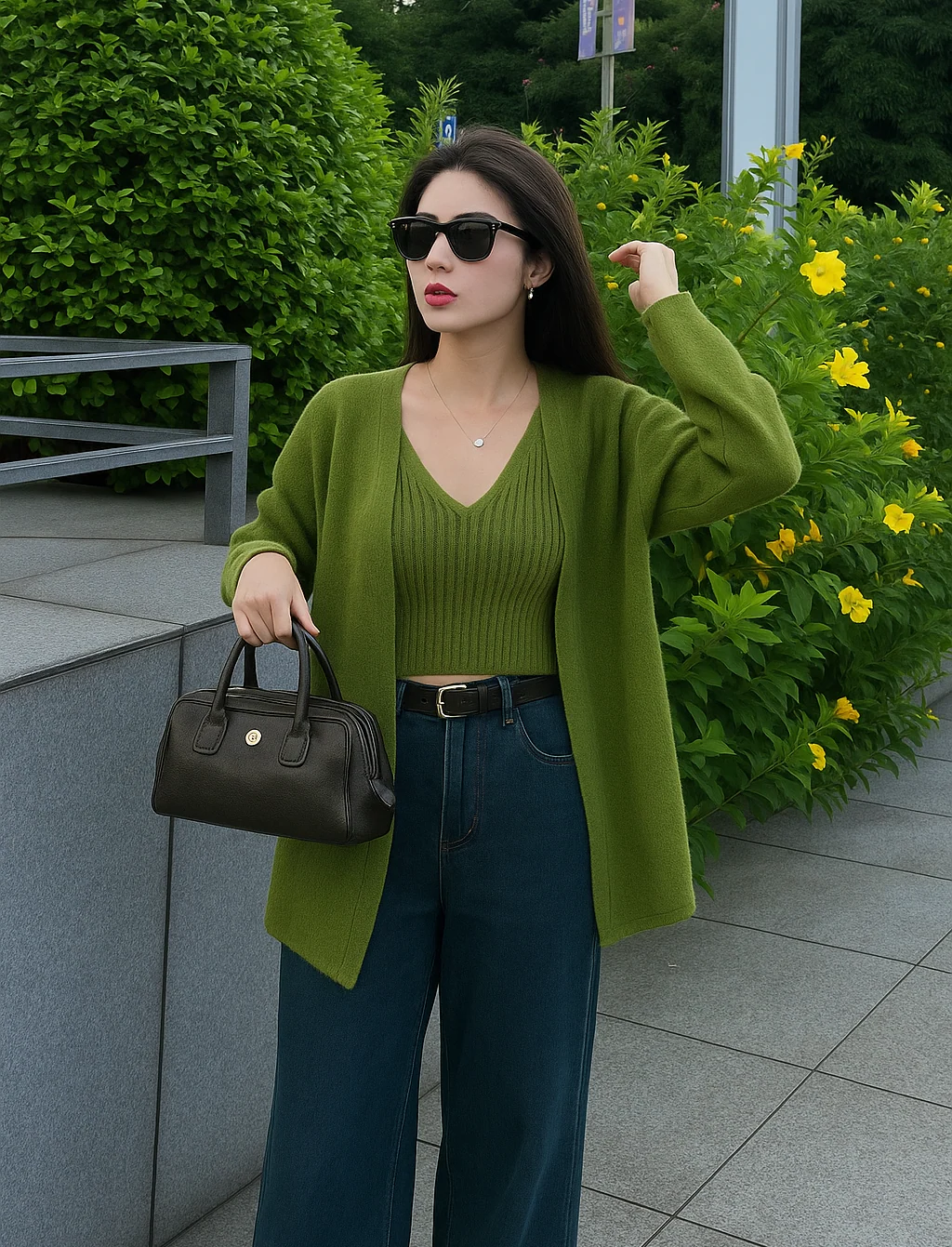 Nixie Statement Woolen Top with Cape Style Sweater In Olive - Image 6