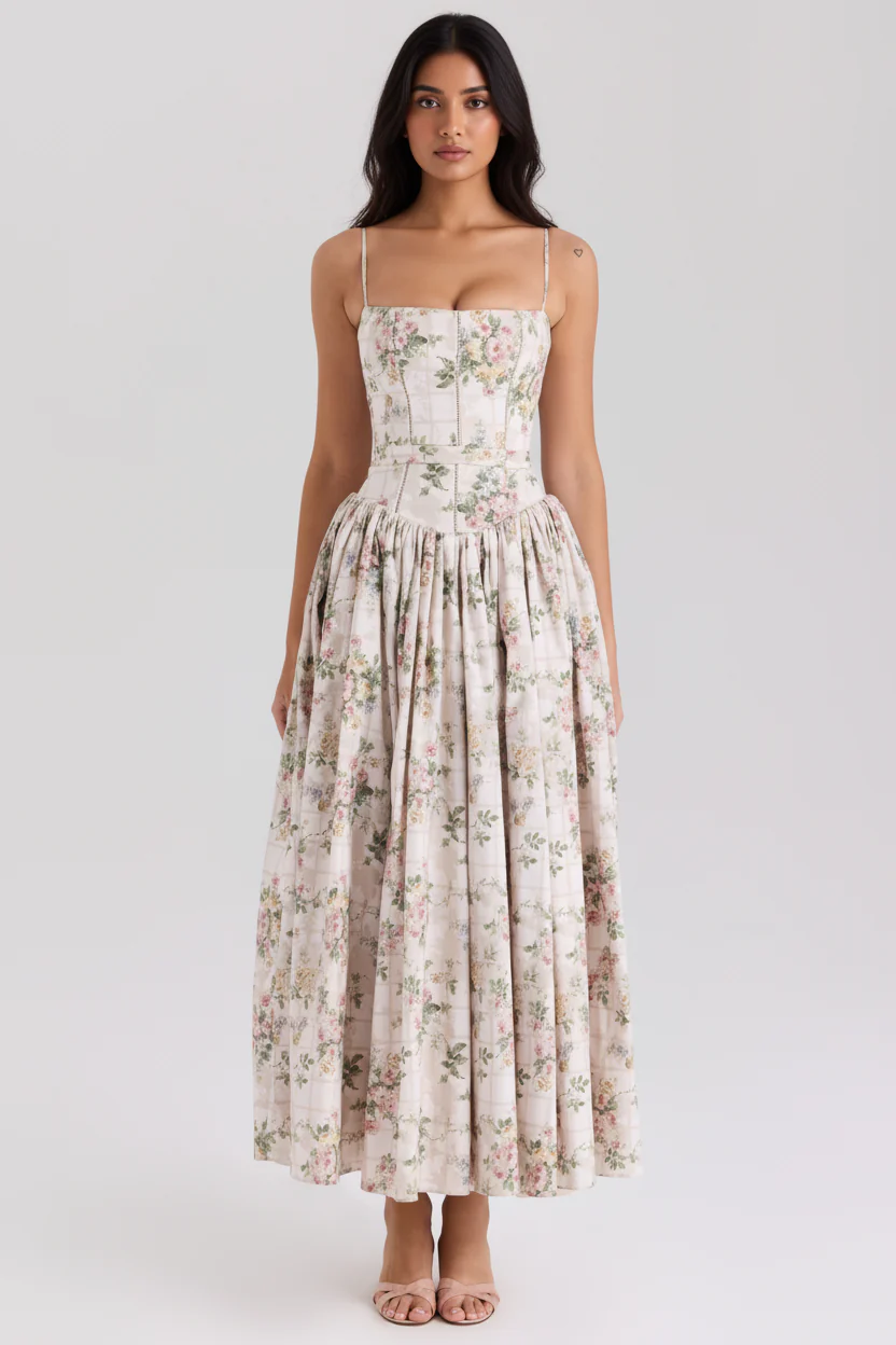 Orchid Luxe Floral Midi Dress In Off Beige - Image 3