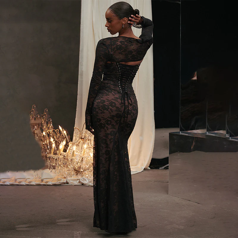 Oree Statement Bodycon Lace Dress In Black - Image 2