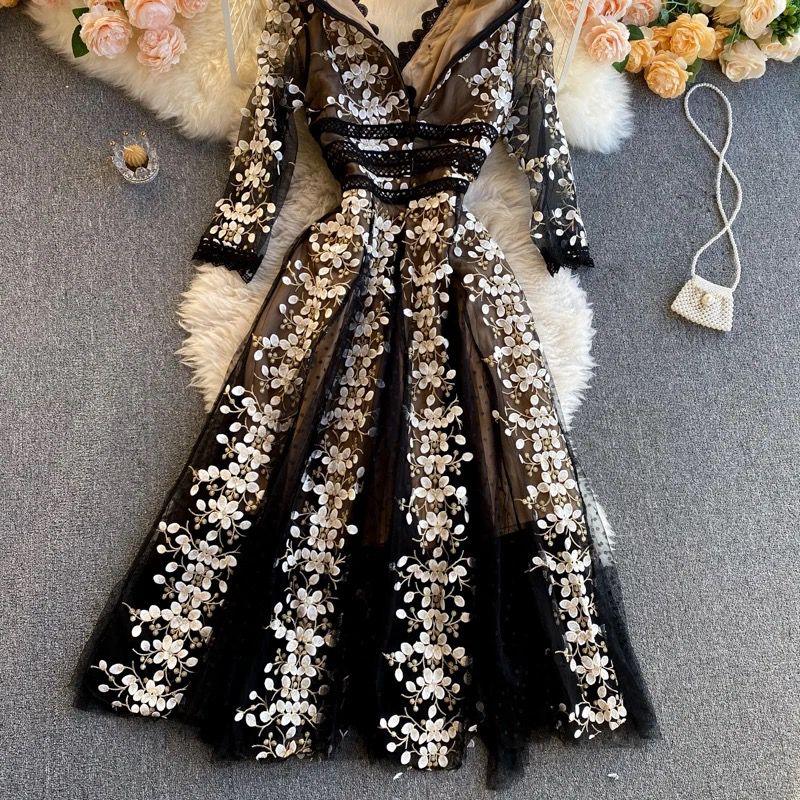 Orleans Embroidered Lace Mesh Midi Dress In Black - Image 3