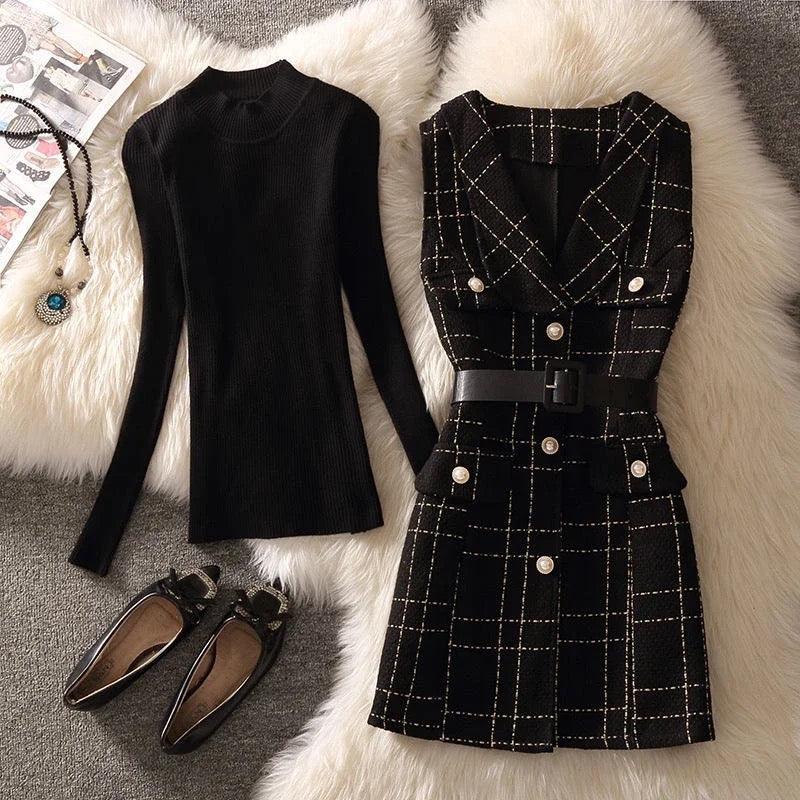 Rader Set of Top and Woolen Tweed Dress in Black