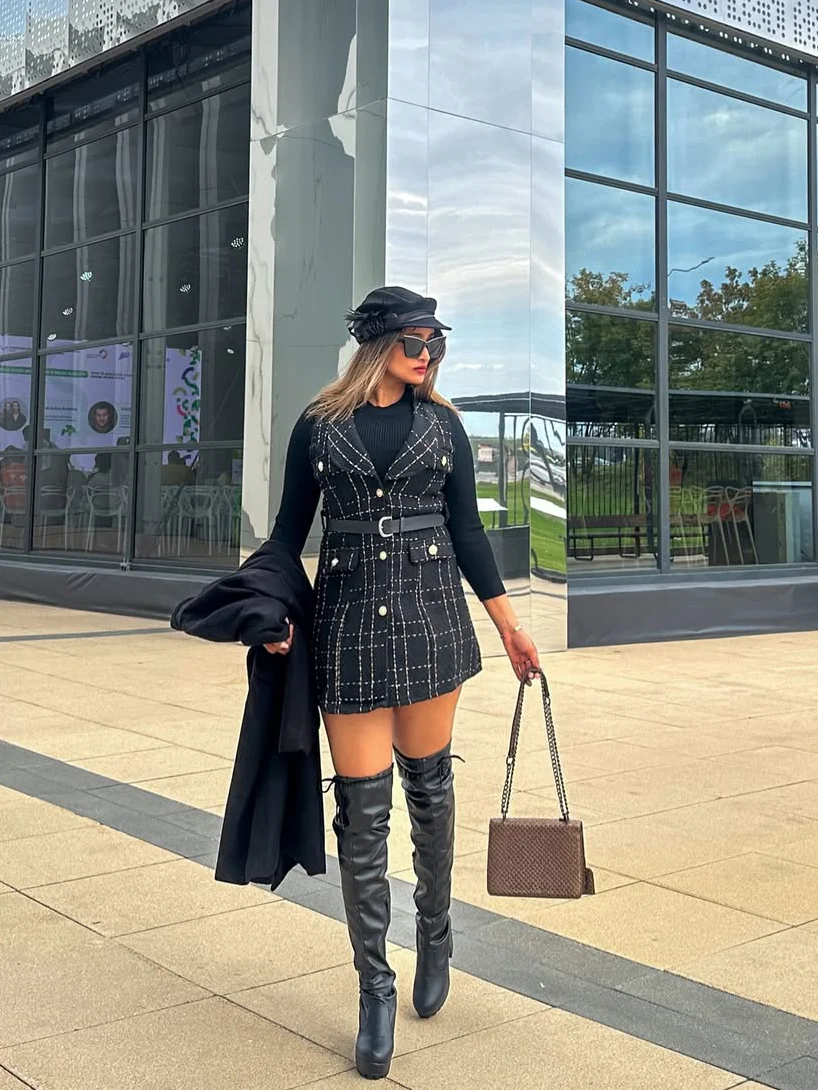 Rader Set of Top and Woolen Tweed Dress in Black - Image 9