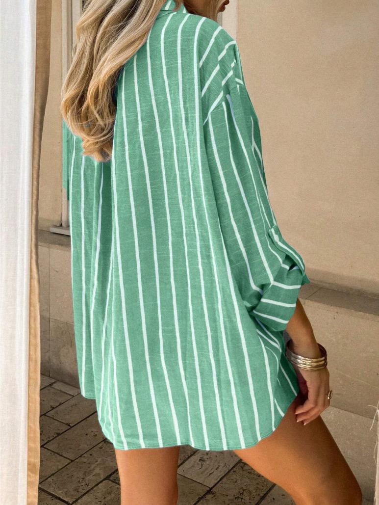 Rilos Striped Cotton Oversized Shirt In Green - Image 3