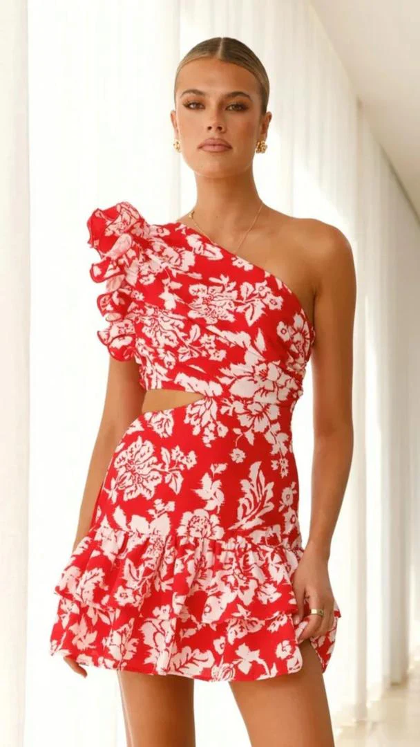 Rumena Floral One Shoulder Dress In Red - Image 3