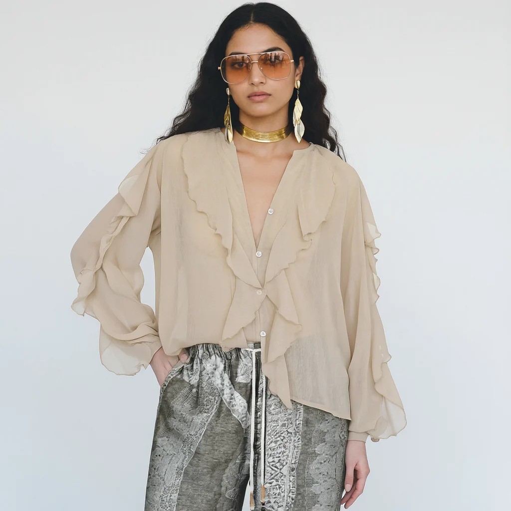 Saga Ruffled Top In Beige - Image 5
