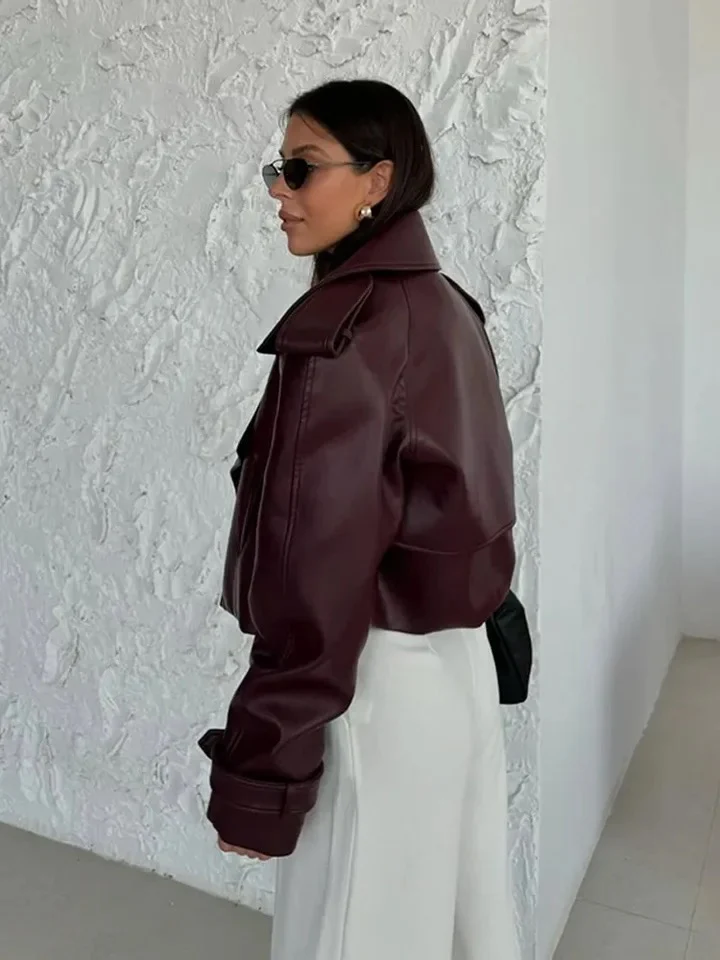 Sara Premium Leather Jacket in Burgundy - Image 3