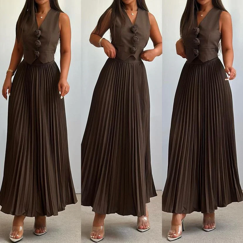 Sarine Luxe Vest Suit With Skirt In Brown - Image 4