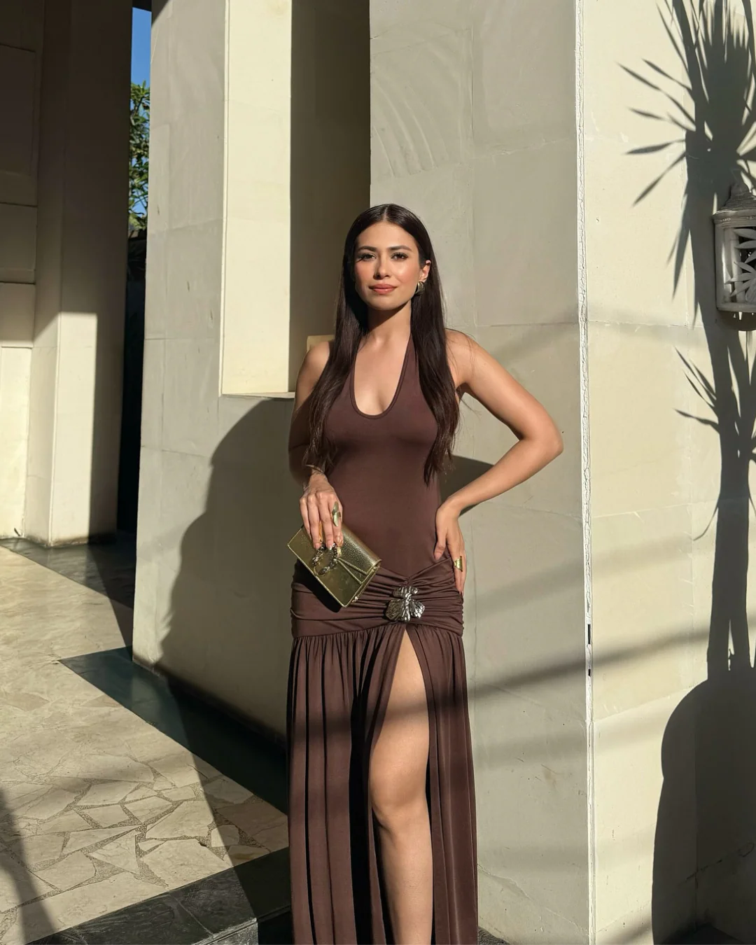 Serafina Luxe Slit Cut Maxi Dress In Brown - Image 8