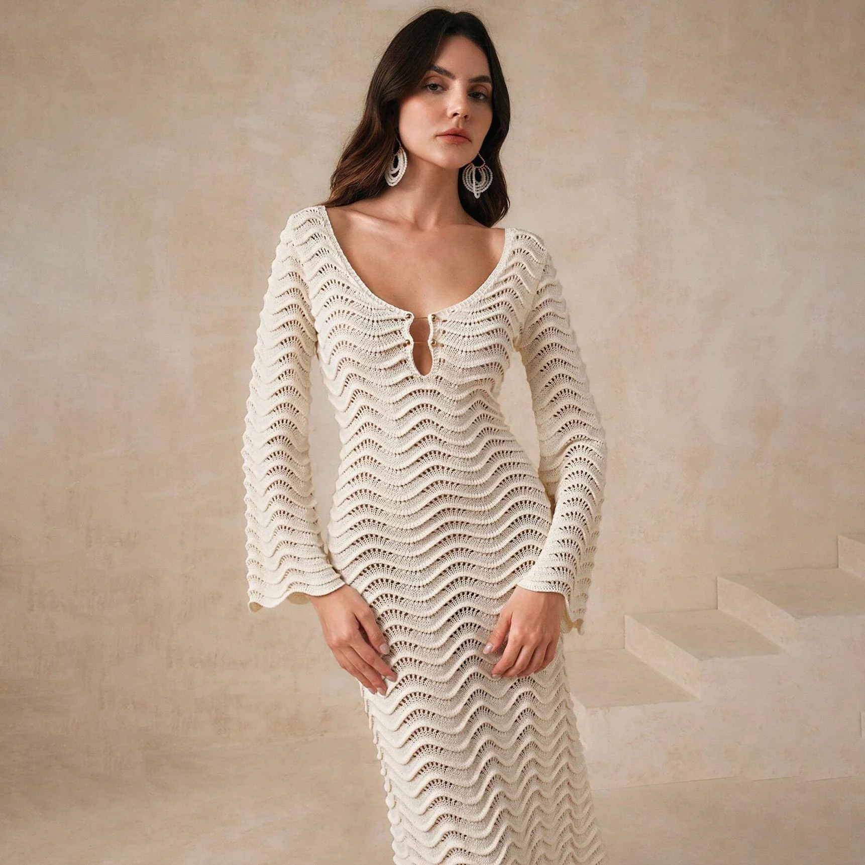 Shirly Luxe Crochet Knit Dress -Resortwear In Beige - Image 2